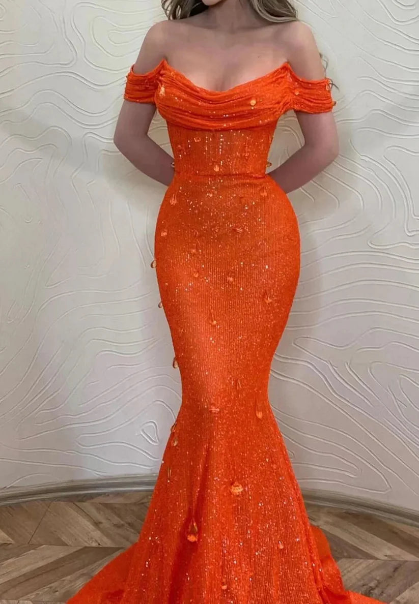 Off-Shoulder Strapless Sequins Beaded Emboridery Prom Dress Mermaid Evening Dress simple gentle atmospheric and unique desi Bring summer colors to enhance whiteness