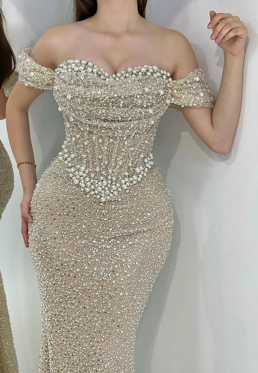 Off-Shoulder Strapless Sequins Beaded Sparkly Prom Dress simple gentle atmospheric and unique desi Bring summer colors to enhance whiteness