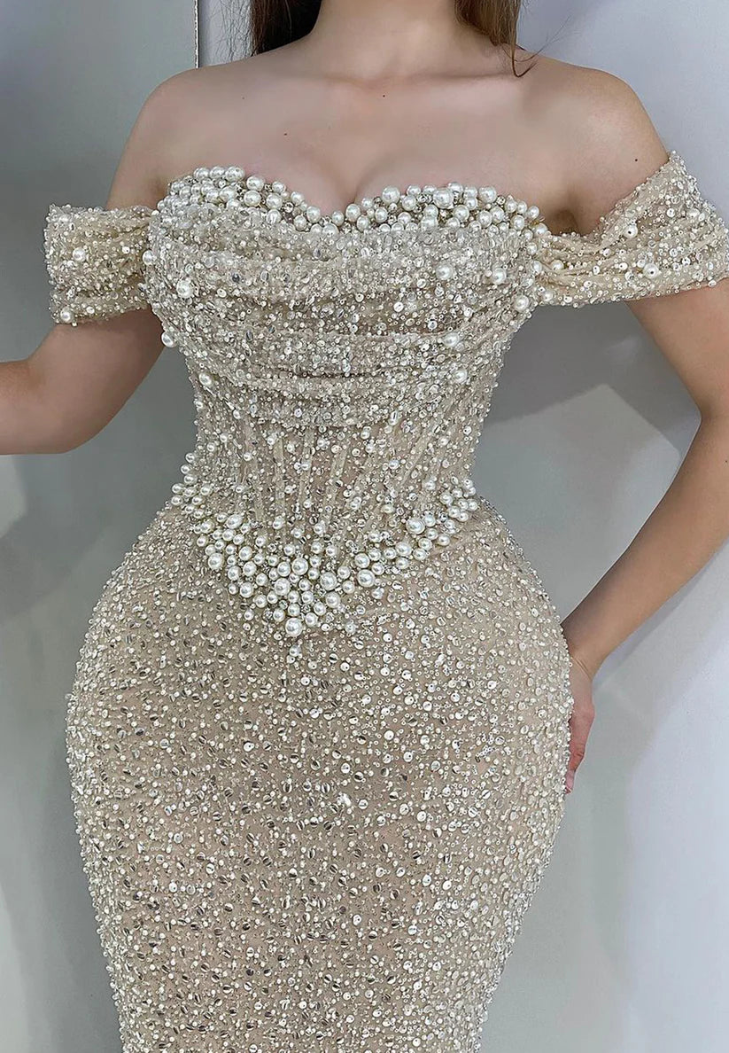 Off-Shoulder Strapless Sequins Beaded Sparkly Prom Dress simple gentle atmospheric and unique desi Bring summer colors to enhance whiteness