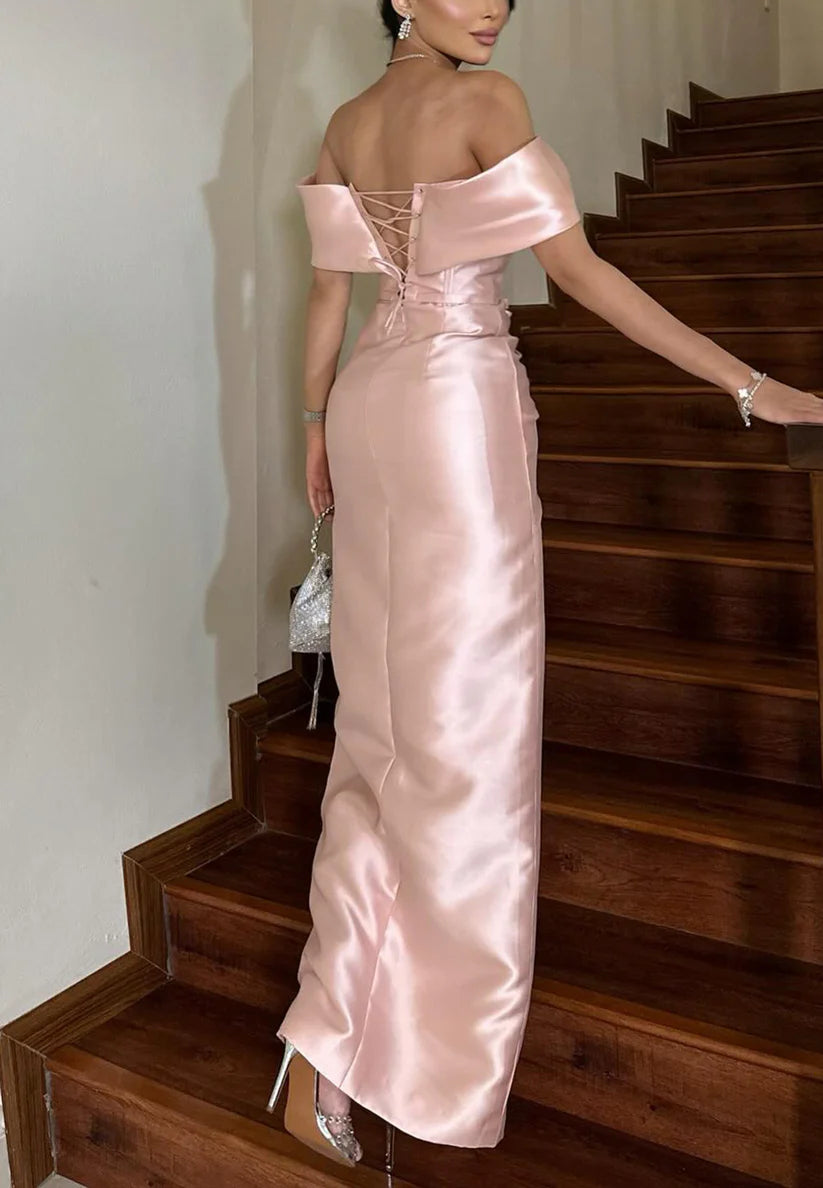 Off-Shoulder Strapless Sleek Satin Sheath Evening Dress simple gentle atmospheric and unique desi Bring summer colors to enhance whiteness
