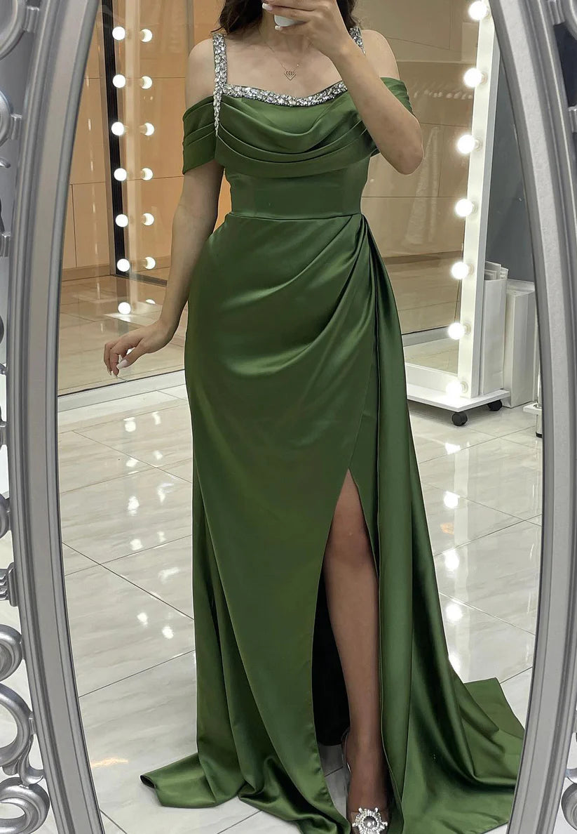 Off-Shoulder Straps Beaded Pleated Prom Dress Sheath Formal Dress simple gentle atmospheric and unique desi Bring summer colors to enhance whiteness