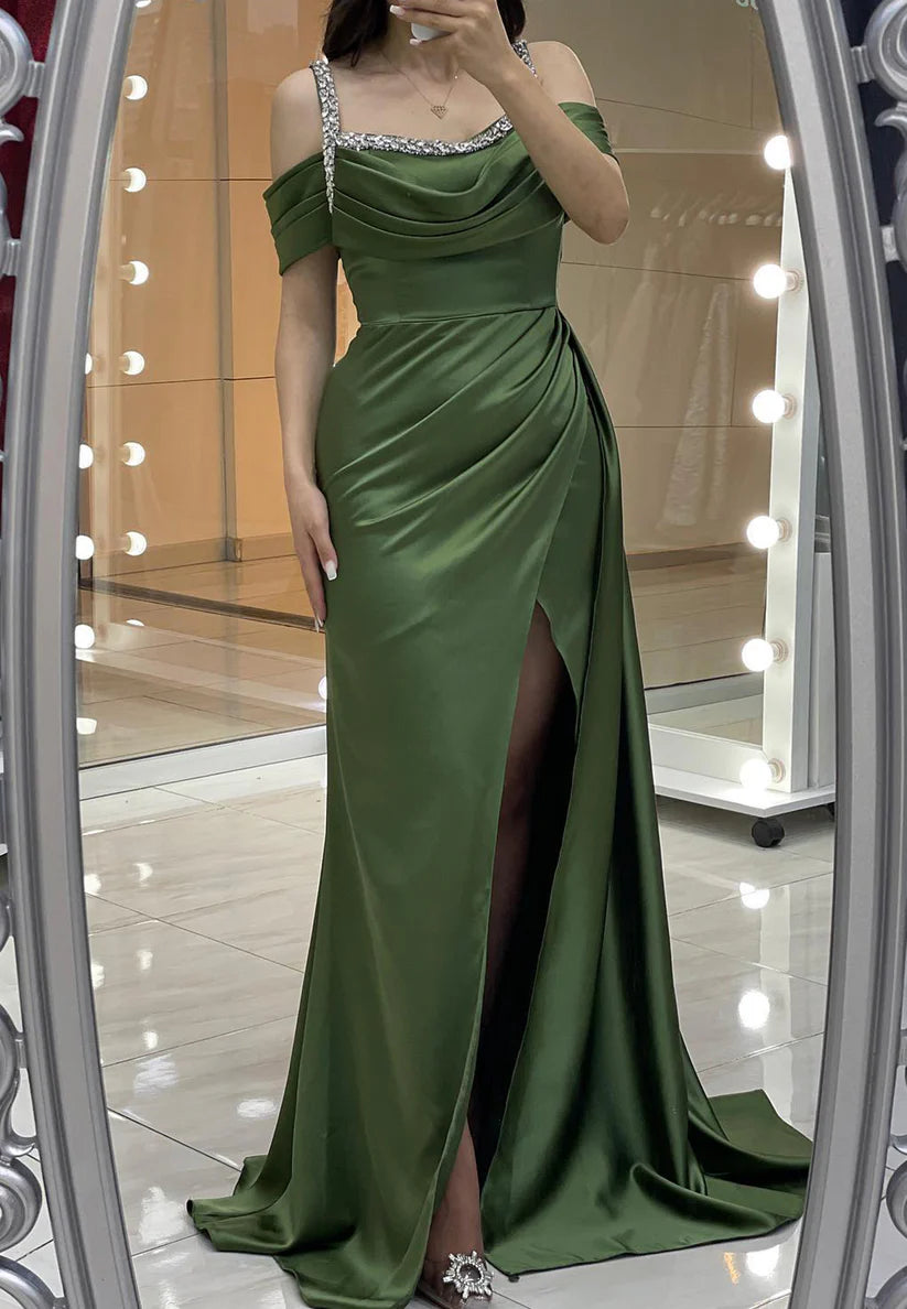 Off-Shoulder Straps Beaded Pleated Prom Dress Sheath Formal Dress simple gentle atmospheric and unique desi Bring summer colors to enhance whiteness