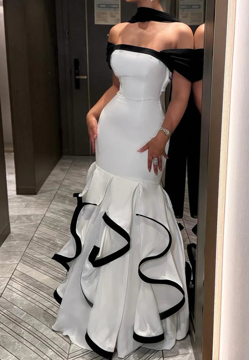 Off-Shoulder Tiered Ruffled Mermaid Evening Dress simple gentle atmospheric and unique desi Bring summer colors to enhance whiteness