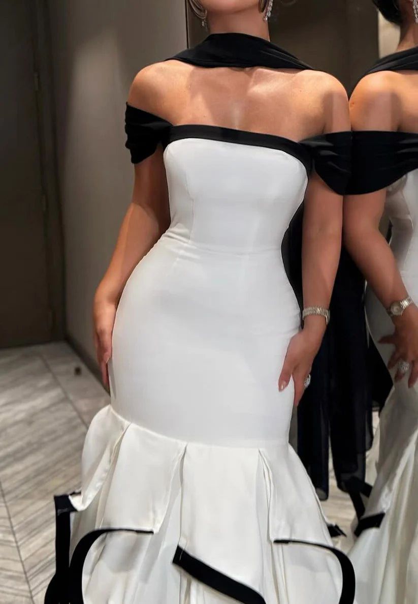 Off-Shoulder Tiered Ruffled Mermaid Evening Dress simple gentle atmospheric and unique desi Bring summer colors to enhance whiteness