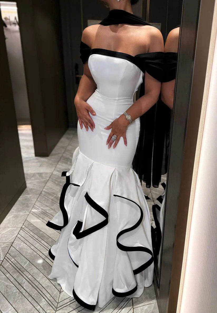 Off-Shoulder Tiered Ruffled Mermaid Evening Dress simple gentle atmospheric and unique desi Bring summer colors to enhance whiteness