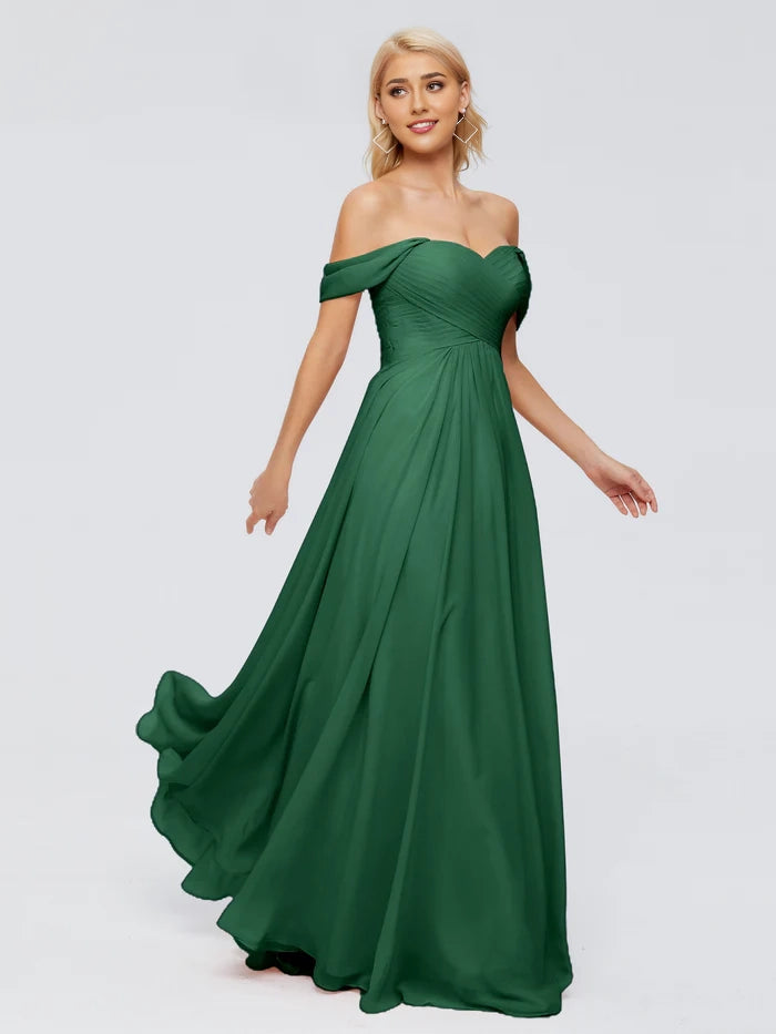 Off-The-Shoulder Chiffon Bridesmaid Dresses simple gentle atmospheric and unique desi Bring summer colors to enhance whiteness