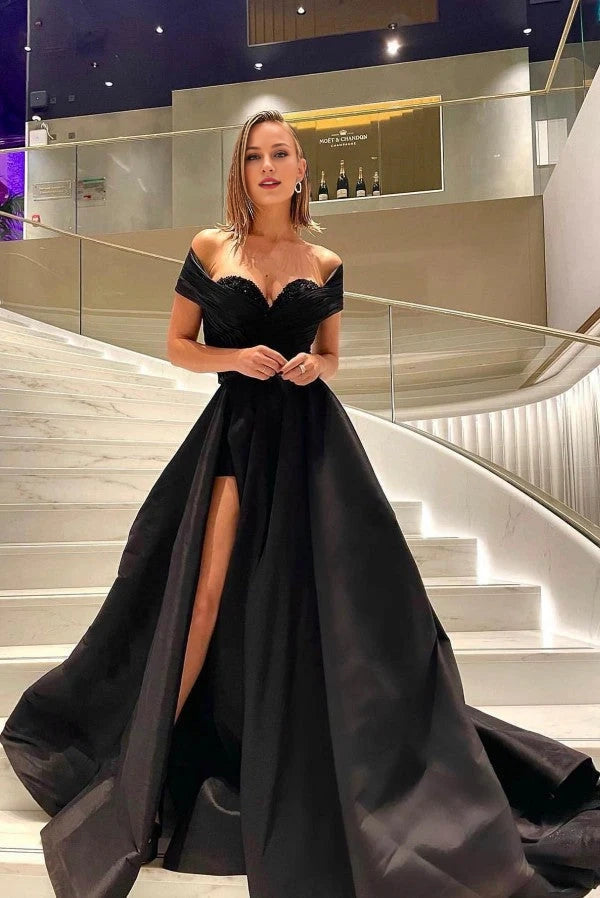 OffOff-the-Shoulder Black Prom Dress Lace Up Split Simple gentle atmospheric and unique design