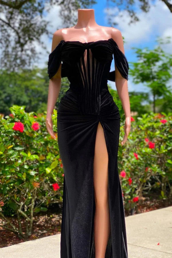 Off-the-Shoulder Black Prom Dress Velvet With Slit Simple gentle atmospheric and unique design