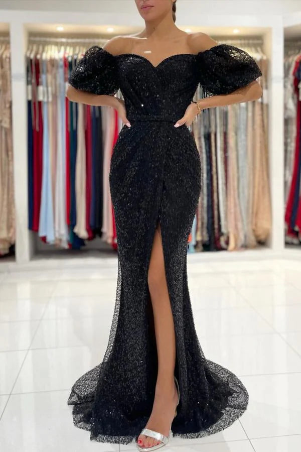 Off-the-Shoulder Black Sequins Prom Dress Mermaid With Split Simple gentle atmospheric and unique design