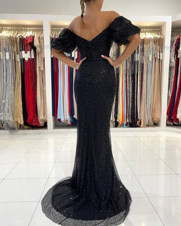 Off-the-Shoulder Black Sequins Prom Dress Mermaid With Split Simple gentle atmospheric and unique design