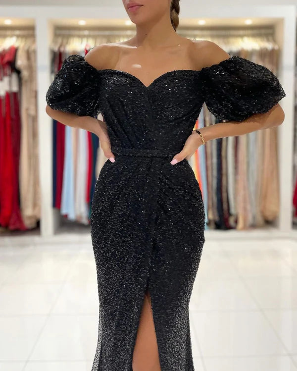 Off-the-Shoulder Black Sequins Prom Dress Mermaid With Split Simple gentle atmospheric and unique design