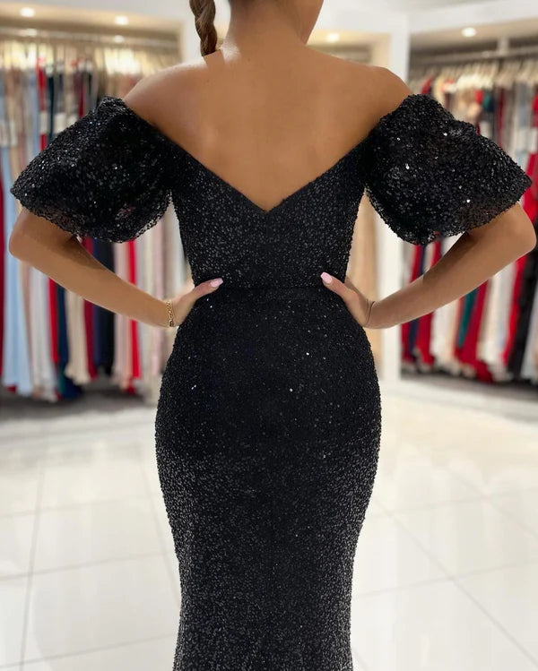 Off-the-Shoulder Black Sequins Prom Dress Mermaid With Split Simple gentle atmospheric and unique design