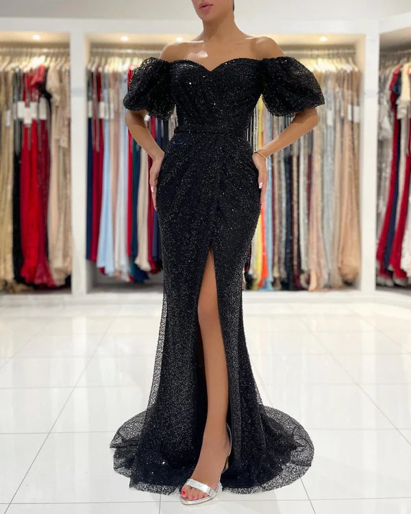 Off-the-Shoulder Black Sequins Prom Dress Mermaid With Split Simple gentle atmospheric and unique design