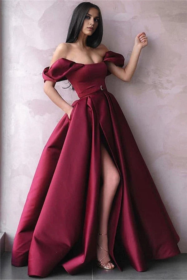 Off-the-Shoulder Burgundy Prom Dress Long Slit Formal Wear Simple gentle atmospheric and unique design
