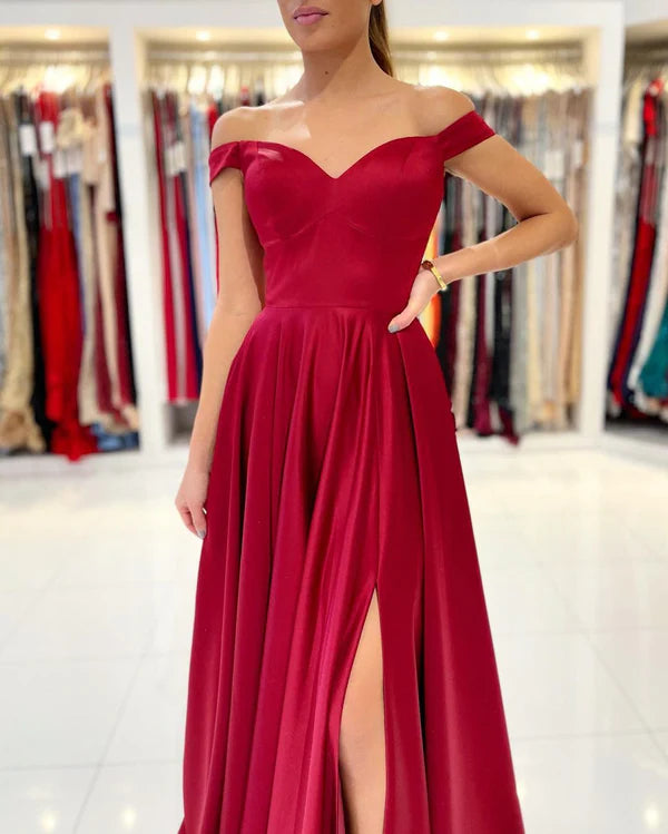 Off-the-Shoulder Burgundy Prom Dress Long With Split Simple gentle atmospheric and unique design