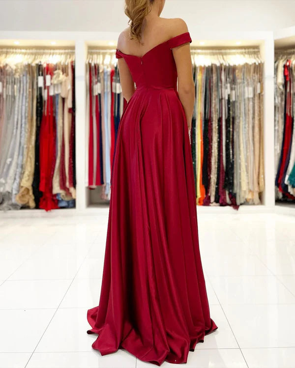 Off-the-Shoulder Burgundy Prom Dress Long With Split Simple gentle atmospheric and unique design