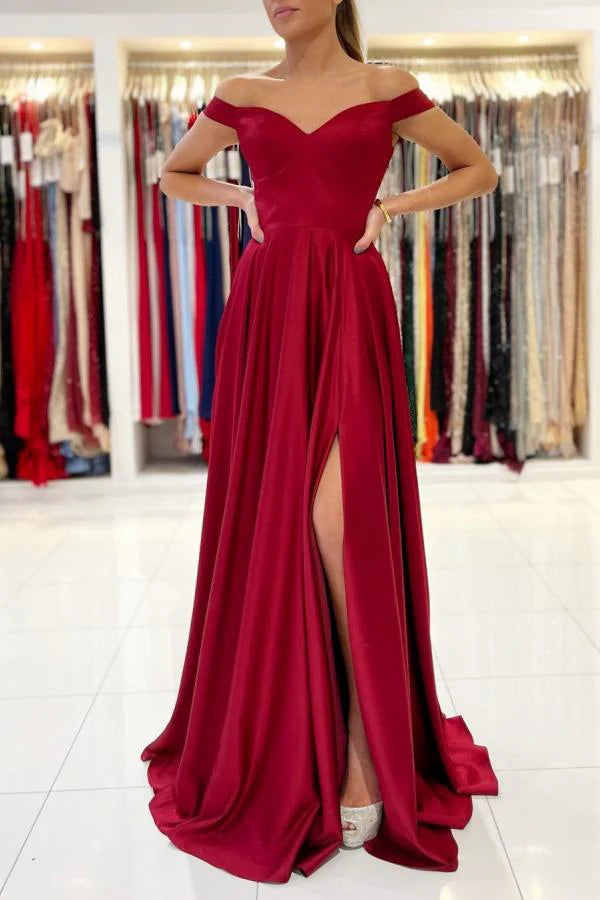 Off-the-Shoulder Burgundy Prom Dress Long With Split Simple gentle atmospheric and unique design