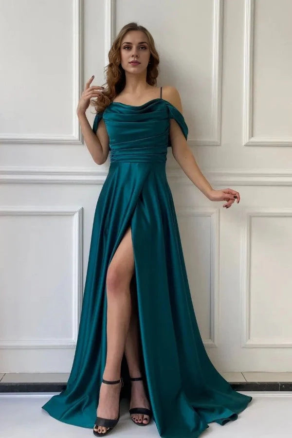 Off-the-Shoulder Dark Green Prom Dress Overskirt Split Simple gentle atmospheric and unique design  ﻿