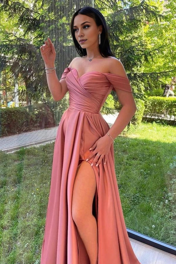 Off-the-Shoulder Long Prom Dress With Slit Simple gentle atmospheric and unique design