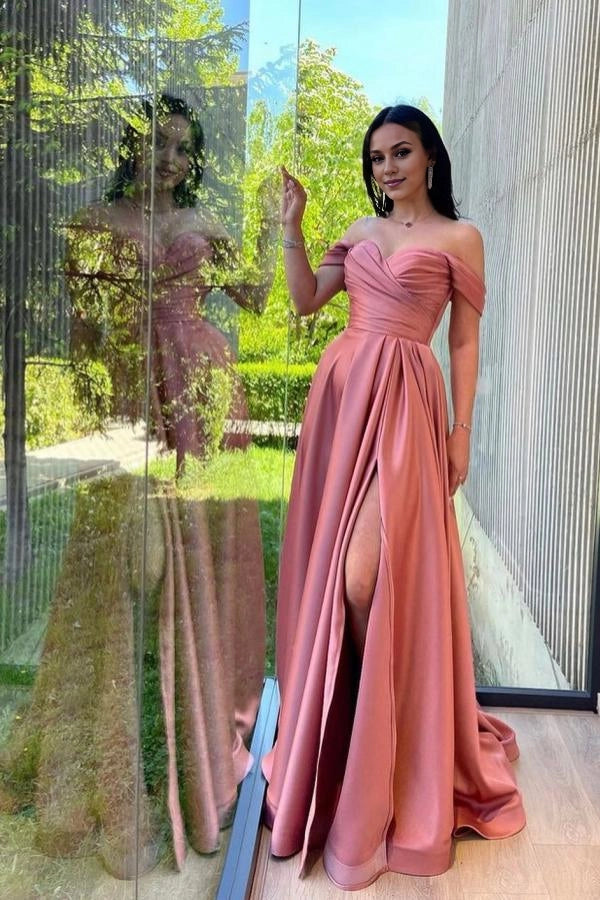Off-the-Shoulder Long Prom Dress With Slit Simple gentle atmospheric and unique design