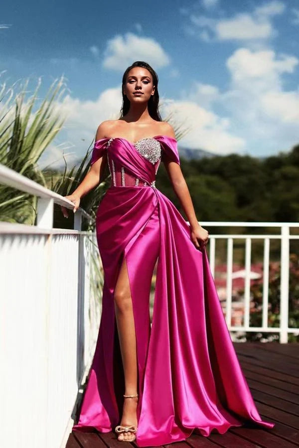 Off-the-Shoulder Long Prom Dresses Slit With Beads Simple gentle atmospheric and unique design