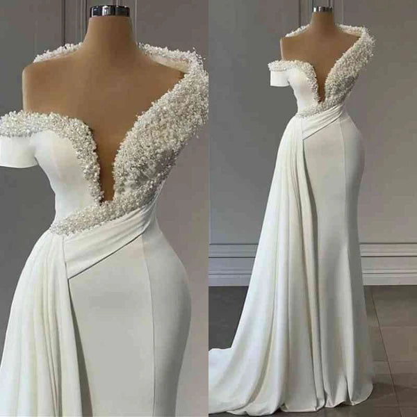 Off-the-Shoulder Mermaid Evening Dress Ruffle With Pearls Simple gentle atmospheric and unique design