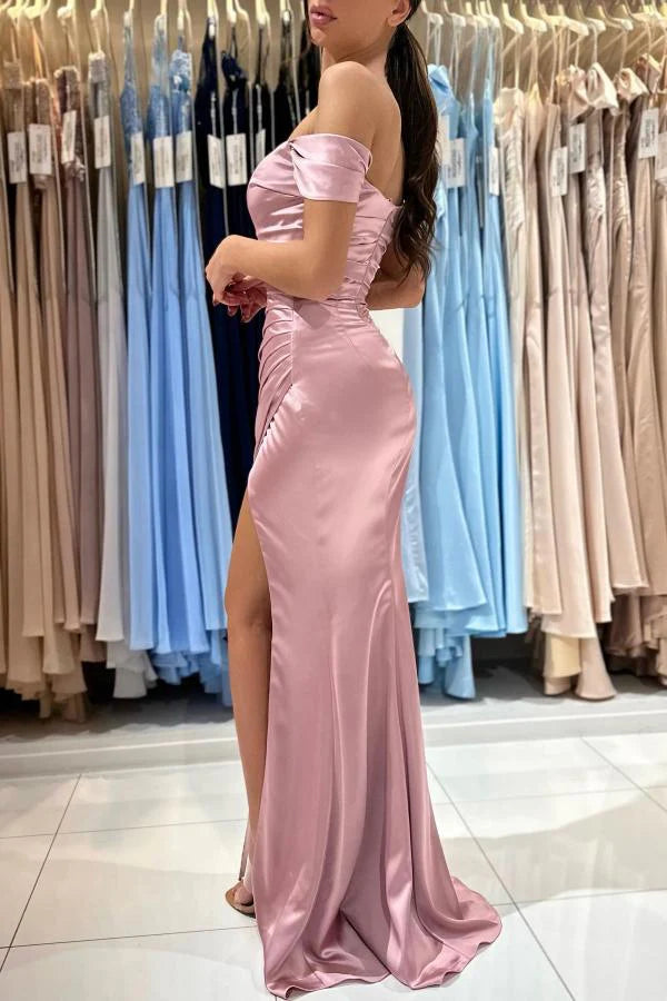 Off-the-Shoulder Pink Prom Dress Mermaid Long With Slit Simple gentle atmospheric and unique design