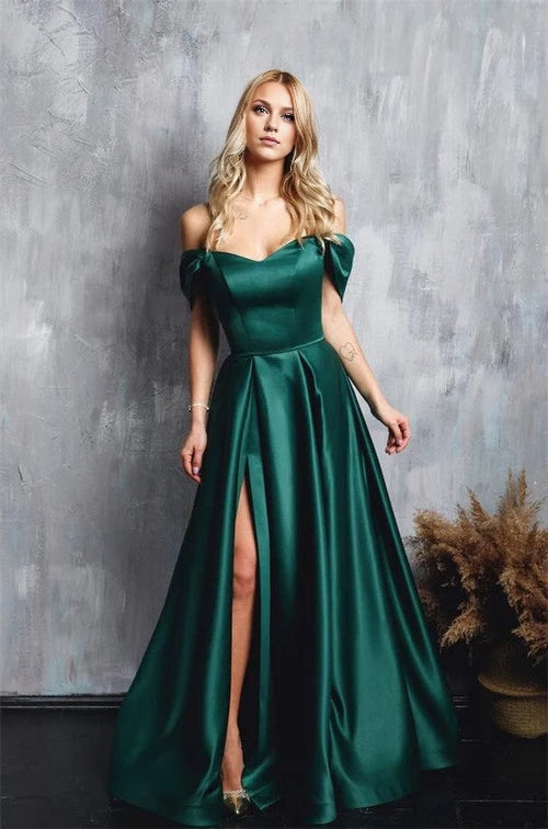 Off-the-Shoulder Prom Dress Emerald Green Long With Slit Simple gentle atmospheric and unique design
