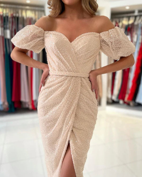 Off-the-Shoulder Sequins Prom Dress Short Sleeves Knee-Length Simple gentle atmospheric and unique design