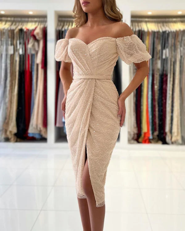 Off-the-Shoulder Sequins Prom Dress Short Sleeves Knee-Length Simple gentle atmospheric and unique design