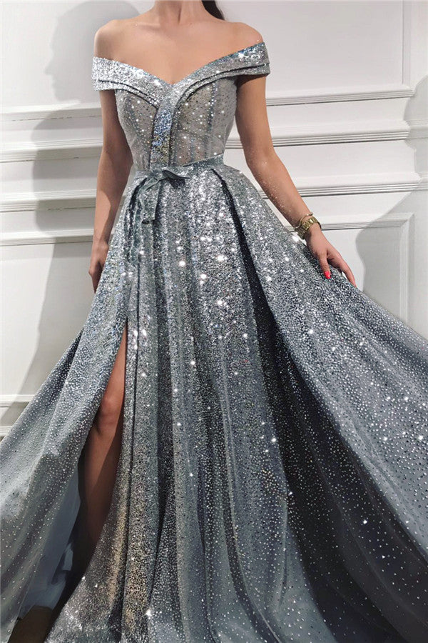 Off-the-Shoulder Sequins Prom Dress Slit Long Simple gentle atmospheric and unique design