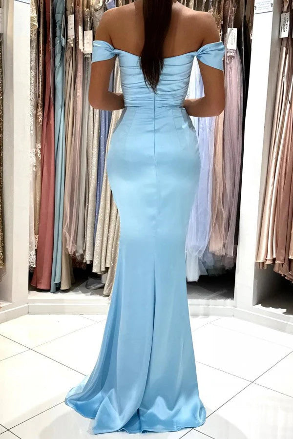 Off-the-Shoulder Sky Blue Prom Dress Mermaid Long With Slit Simple gentle atmospheric and unique design
