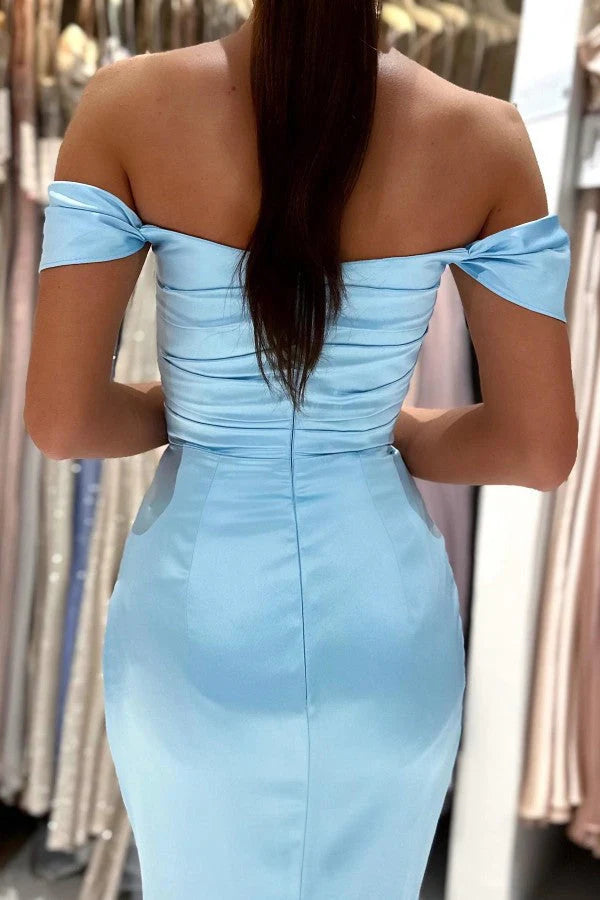 Off-the-Shoulder Sky Blue Prom Dress Mermaid Long With Slit Simple gentle atmospheric and unique design