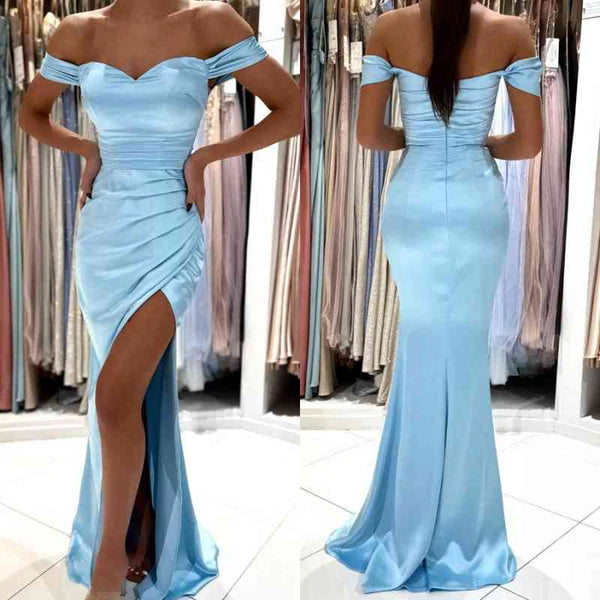 Off-the-Shoulder Sky Blue Prom Dress Mermaid Long With Slit Simple gentle atmospheric and unique design