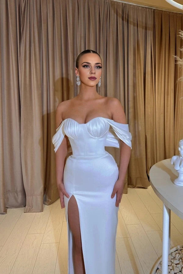 Off-the-Shoulder White Prom Dress Mermaid Slit Simple gentle atmospheric and unique design