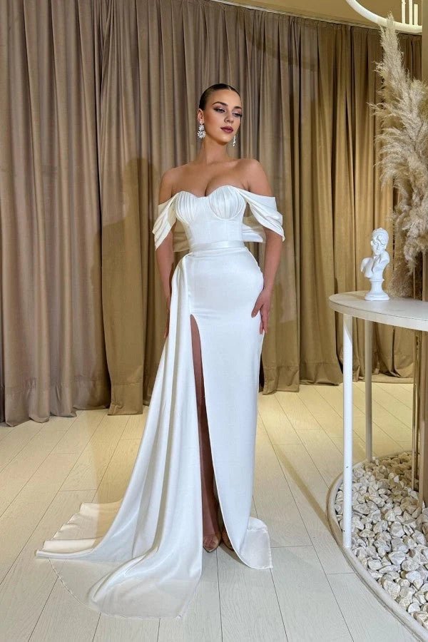 Off-the-Shoulder White Prom Dress Mermaid Slit Simple gentle atmospheric and unique design