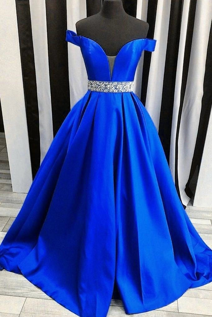 Off-the-shoulder Royal Blue Evening Dress with Rhinestones Belt event dresses elegant simple gentle atmospheric and unique desi Bring summer colors to enhance whitenes