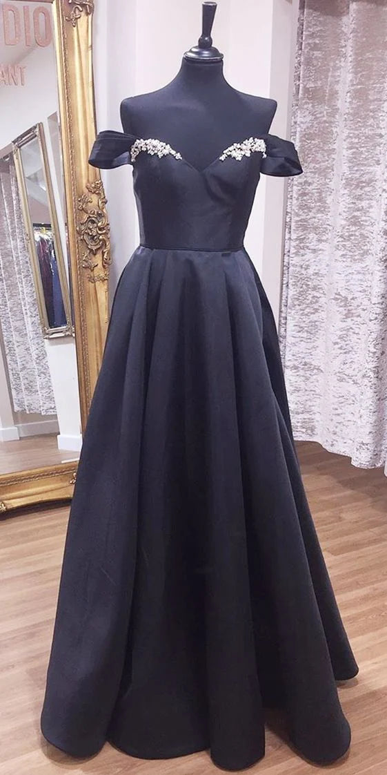 Off Shoulder A-Line Black Long Prom Dress simple gentle atmospheric and unique desi Bring summer colors to enhance whiteness
