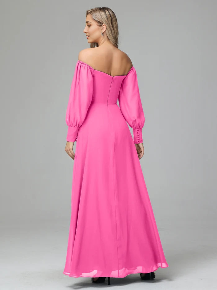 Off Shoulder Long Sleeves Chiffon Bridesmaid Dresses simple gentle atmospheric and unique desi Bring summer colors to enhance whiteness