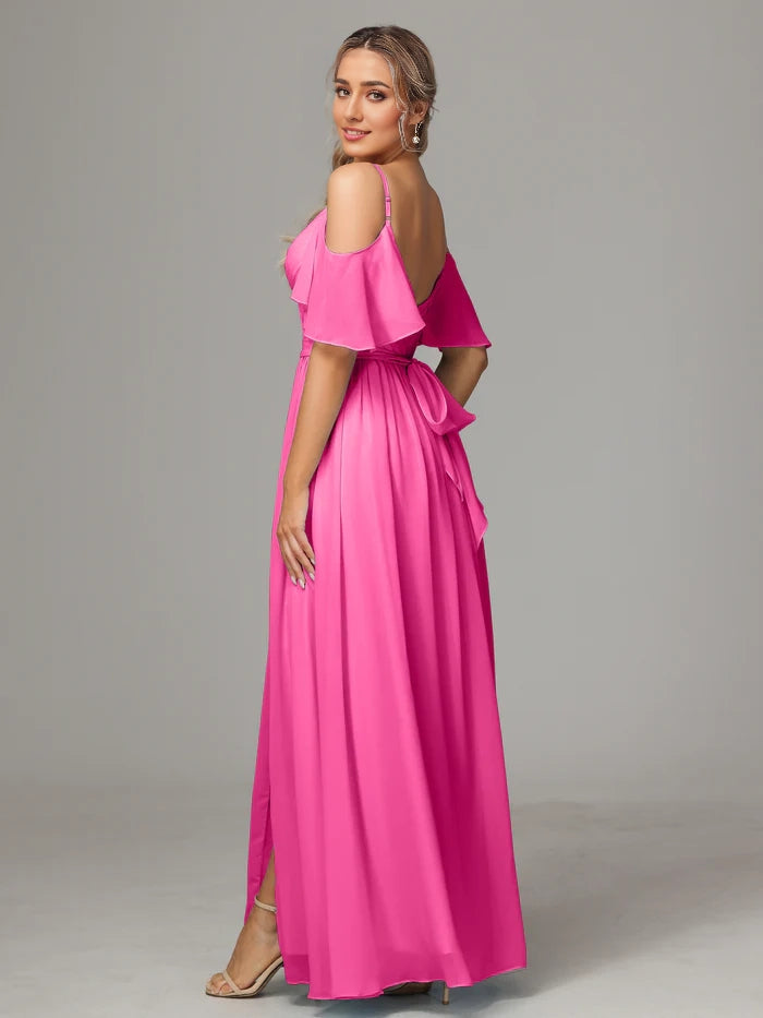 Off The Shoulder A Line Chiffon Bridesmaid Dress With Slit simple gentle atmospheric and unique desi Bring summer colors to enhance whiteness