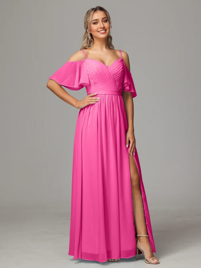 Off The Shoulder A Line Chiffon Bridesmaid Dress With Slit simple gentle atmospheric and unique desi Bring summer colors to enhance whiteness