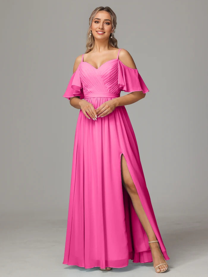 Off The Shoulder A Line Chiffon Bridesmaid Dress With Slit simple gentle atmospheric and unique desi Bring summer colors to enhance whiteness