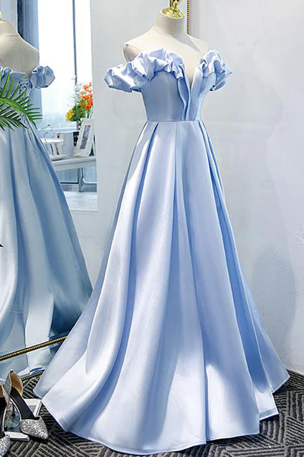 Off The Shoulder Blue Satin Long Prom Dress Long Evening Dress simple gentle atmospheric and unique desi Bring summer colors to enhance whiteness
