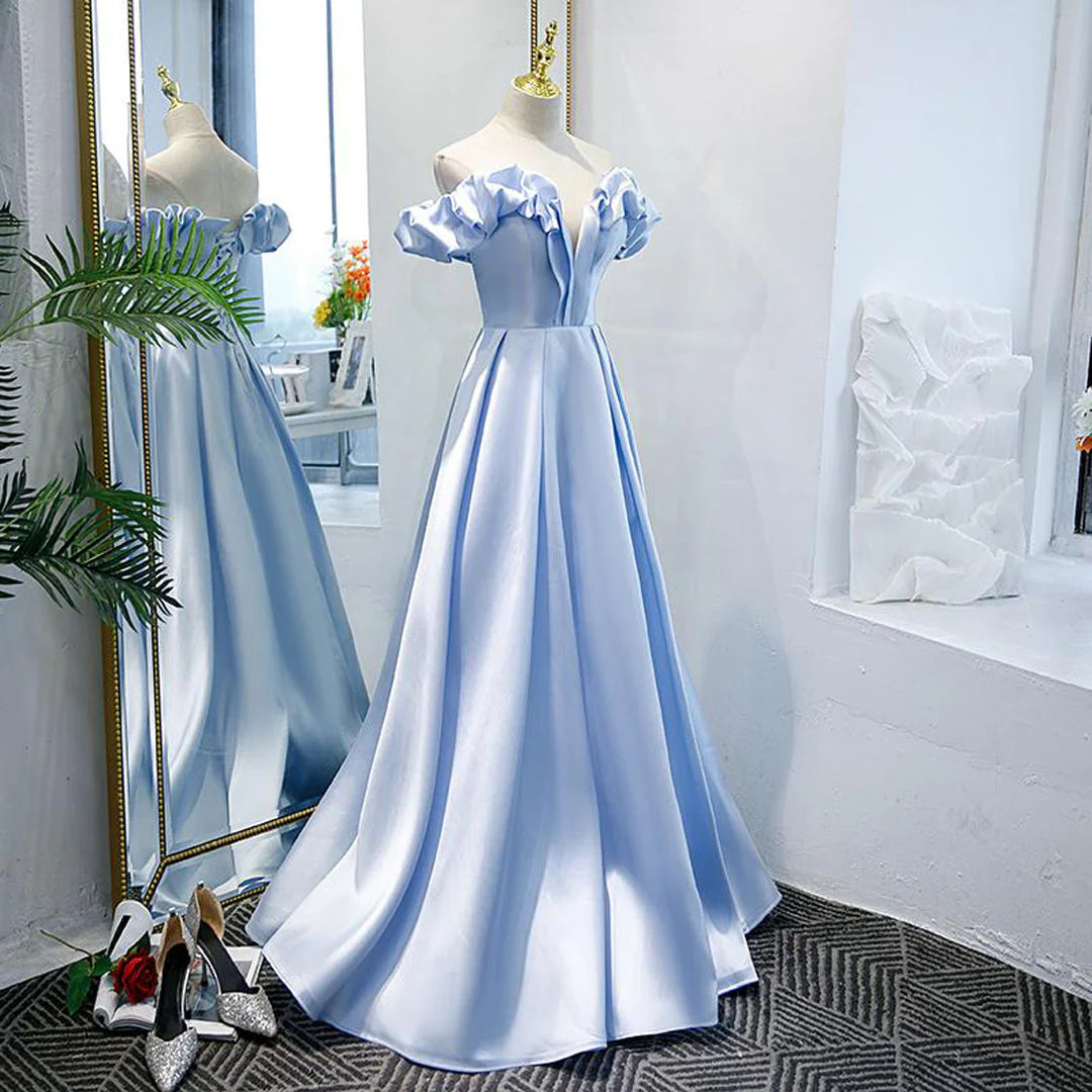 Off The Shoulder Blue Satin Long Prom Dress Long Evening Dress simple gentle atmospheric and unique desi Bring summer colors to enhance whiteness