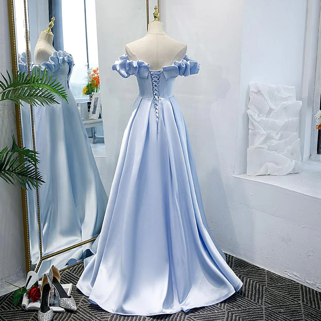 Off The Shoulder Blue Satin Long Prom Dress Long Evening Dress simple gentle atmospheric and unique desi Bring summer colors to enhance whiteness