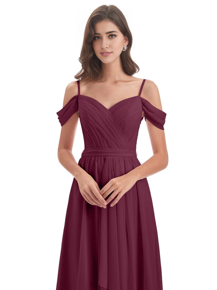 Off The Shoulder Chiffon Long Bridesmaid Dresses simple gentle atmospheric and unique desi Bring summer colors to enhance whiteness