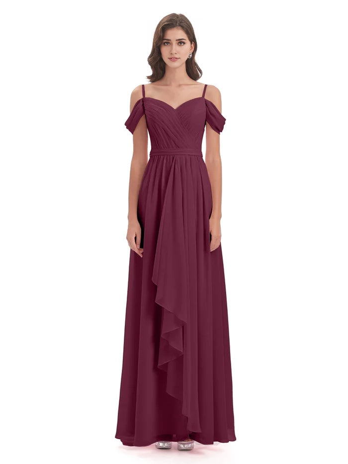 Off The Shoulder Chiffon Long Bridesmaid Dresses simple gentle atmospheric and unique desi Bring summer colors to enhance whiteness