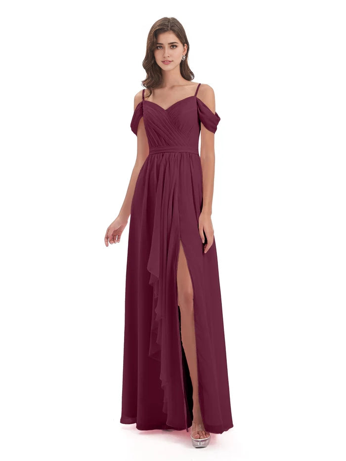 Off The Shoulder Chiffon Long Bridesmaid Dresses simple gentle atmospheric and unique desi Bring summer colors to enhance whiteness
