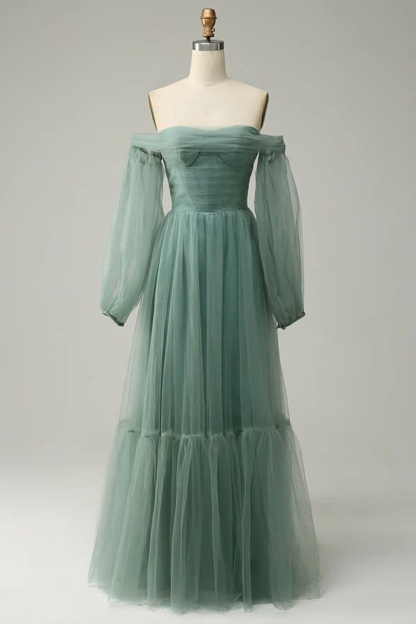 Off The Shoulder Grey Green A-Line Tull Prom Dress With Long Sleeves Simple gentle atmospheric and unique design