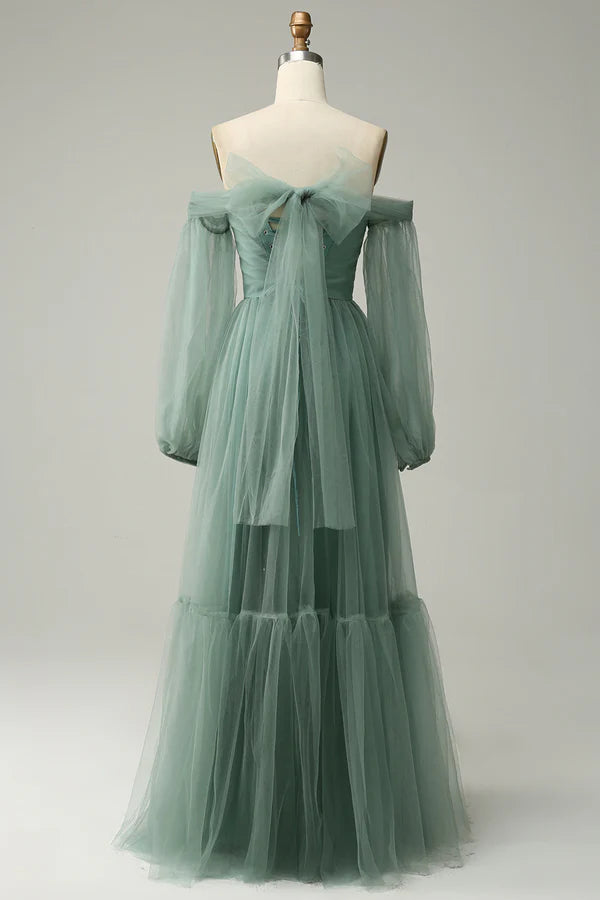 Off The Shoulder Grey Green A-Line Tull Prom Dress With Long Sleeves Simple gentle atmospheric and unique design